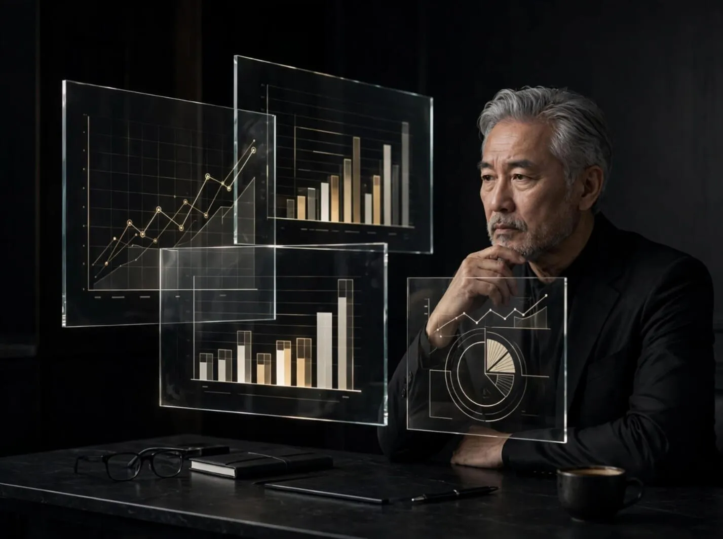 Senior executive reviewing growth charts on transparent screens