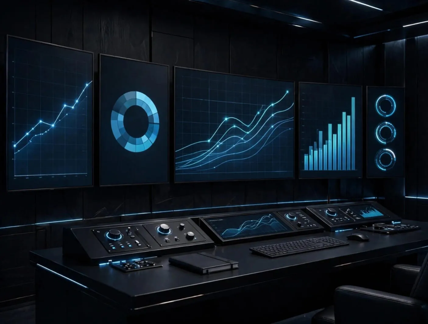 Operations room with growth dashboards on several screens