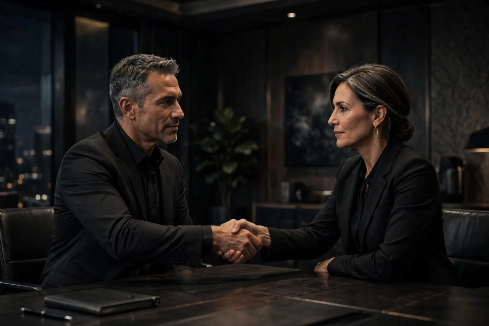 Two executives shaking hands across a boardroom table